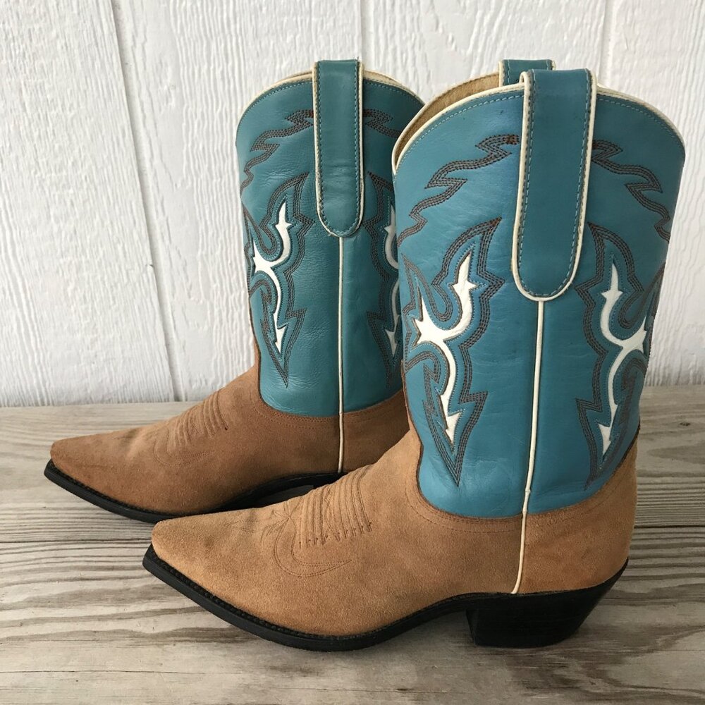 Dan Post Suede Leather Womens Tan and Slate Blue Western Boots 7 M DP22141